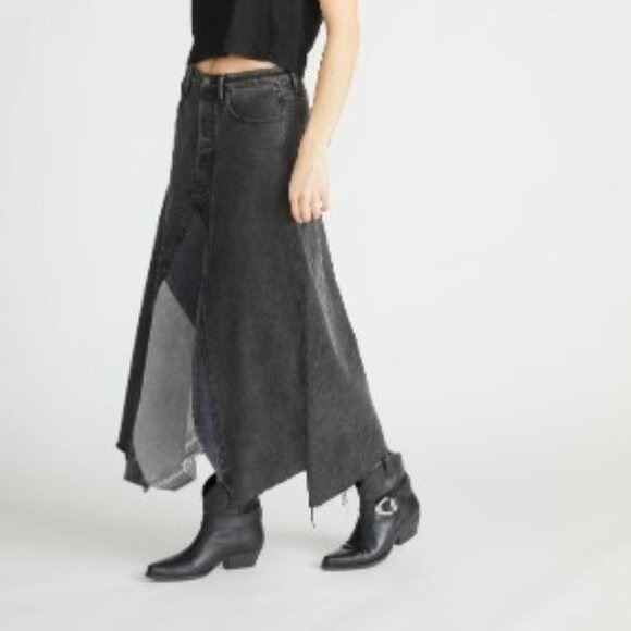 Free People Driftwood Katie Midi Maxi Skirt Denim Black Gray Frayed in Size 28 - Picture 13 of 14